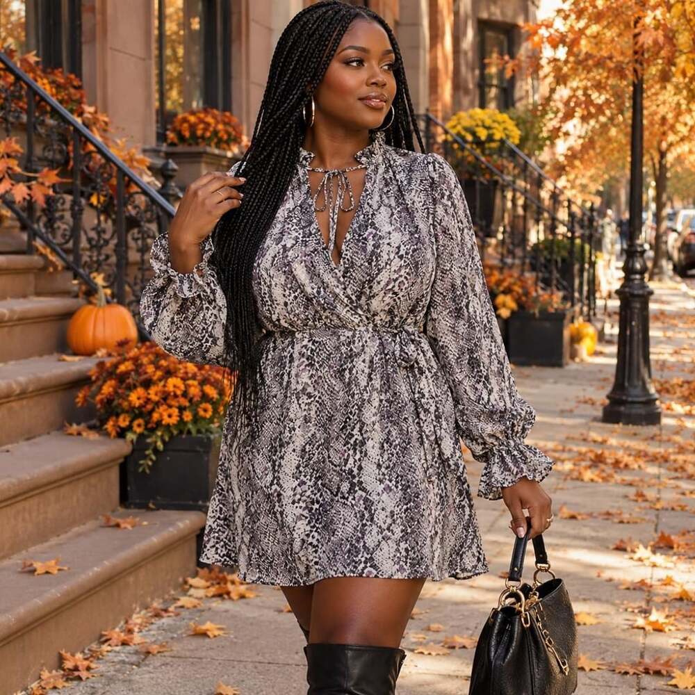 Missguided Snake-Print Dress US 14 Grey Long Sleeve Tie Neck